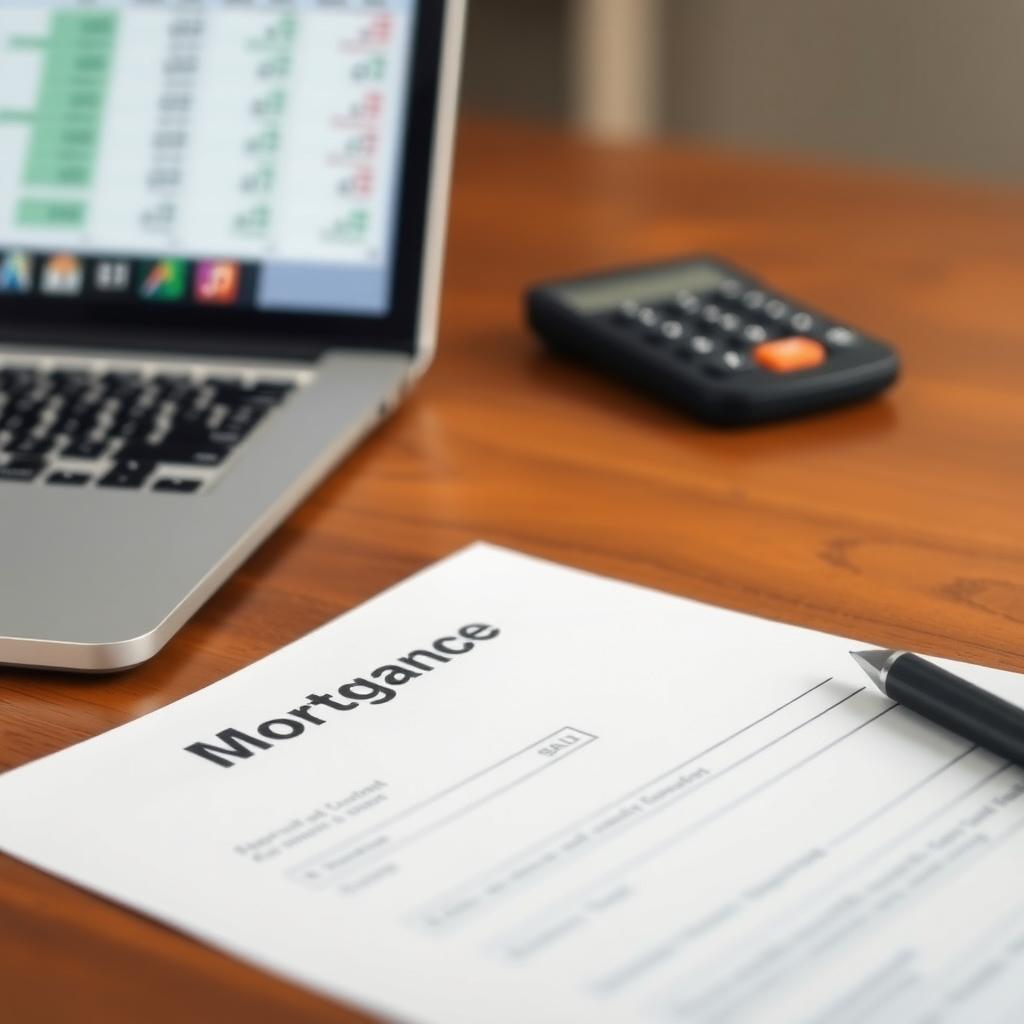 A mortgage application form with a pen, calculator, and laptop, symbolizing the FHA loan process.