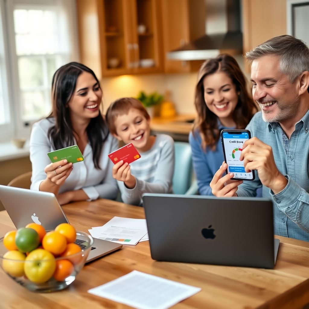 Family discussing finances with a credit card and smartphone in a cozy kitchen