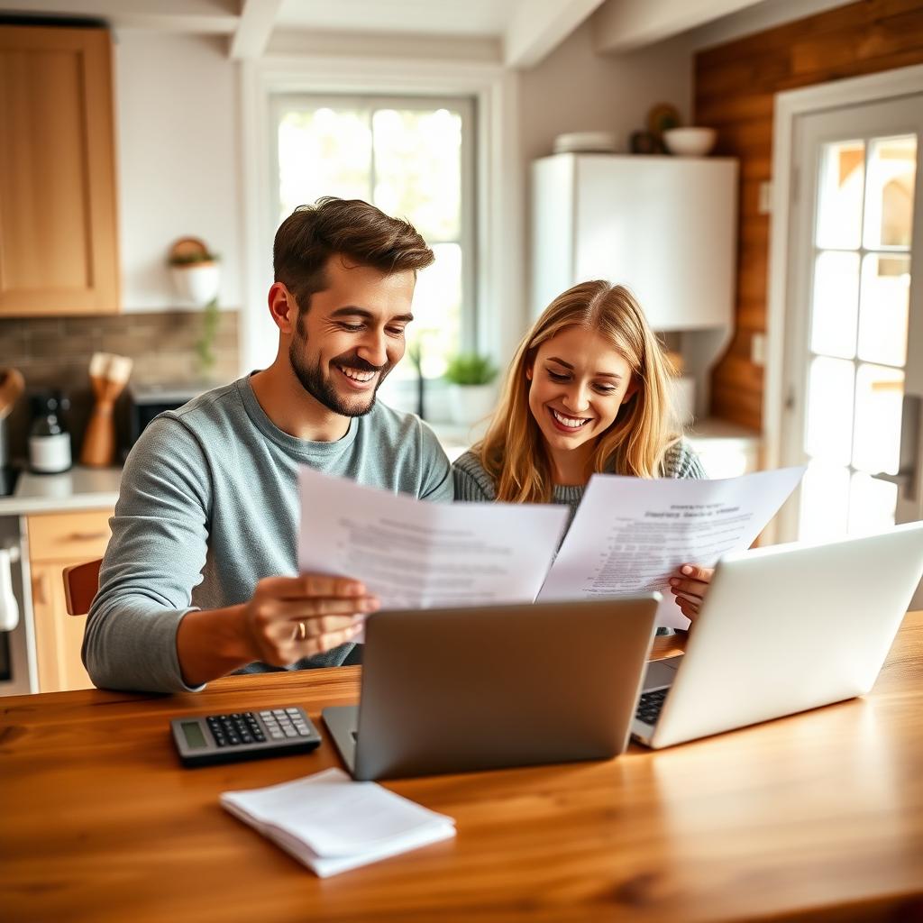 Young couple reviewing home loan documents in a cozy kitchen