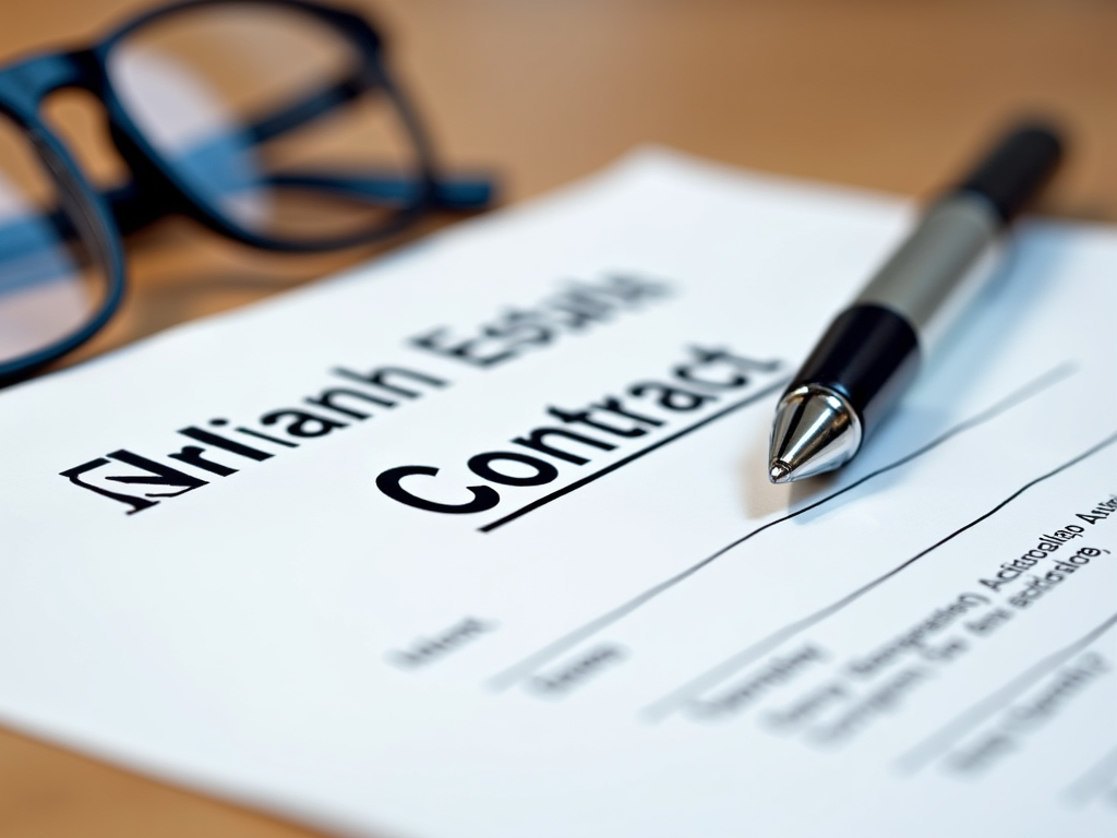 Real estate contract signing with pen and glasses