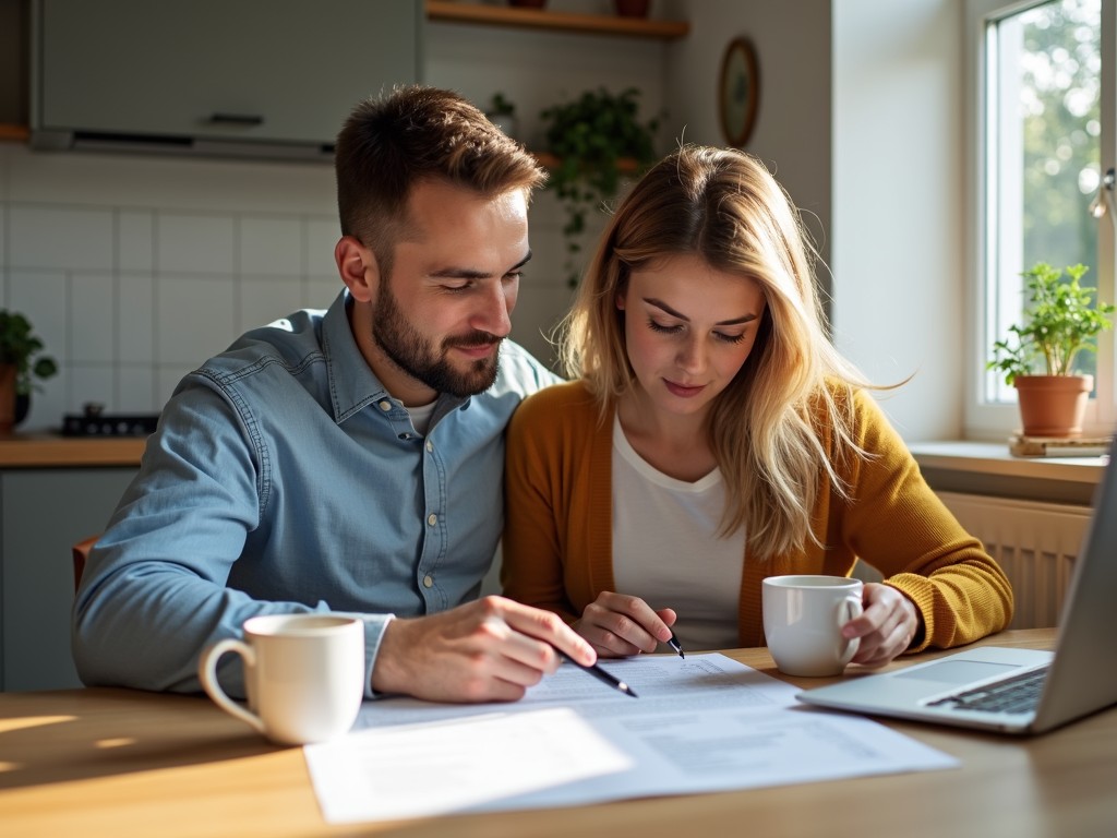 A young couple reading mortgage documents while smiling at home.