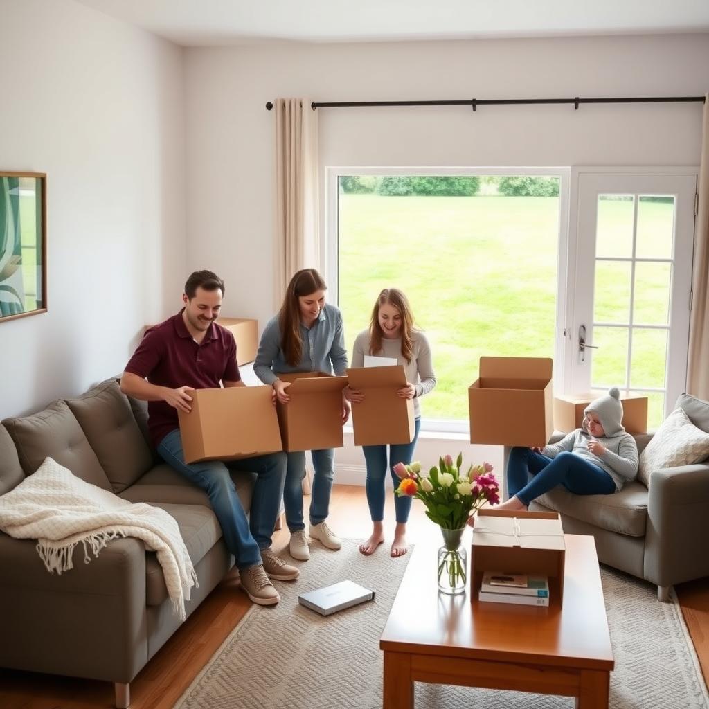 Young family unpacking in a cozy living room after buying a home with an FHA loan