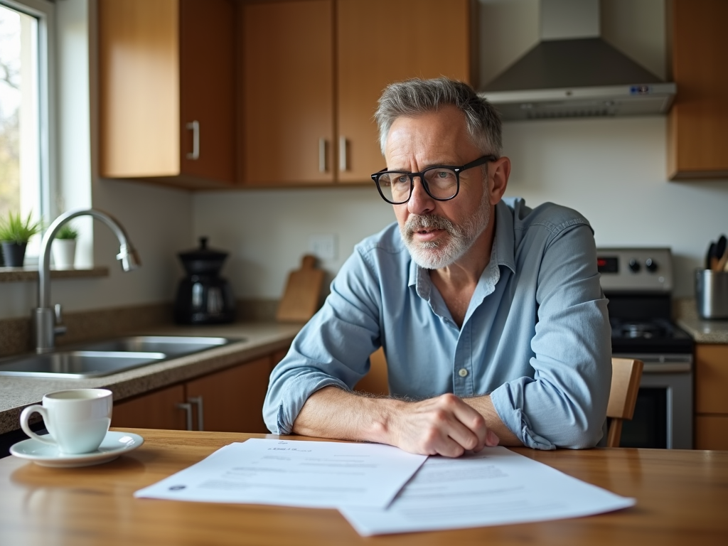 Homeowner with coffee reviewing refinance documents at kitchen table.
