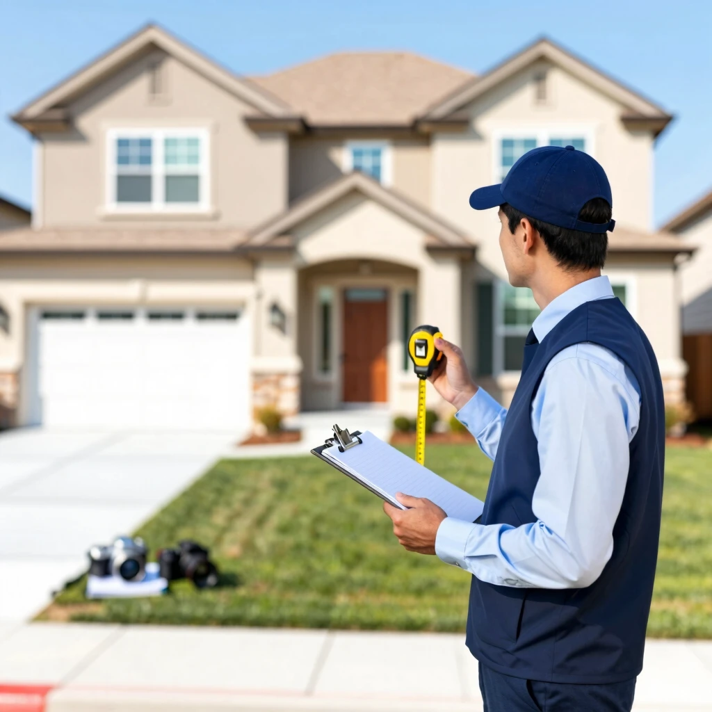 Professional home appraiser inspecting a modern suburban house exterior