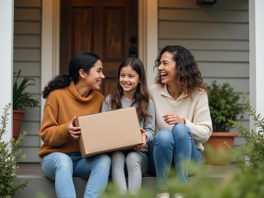 Family unpacking on the porch of their new home