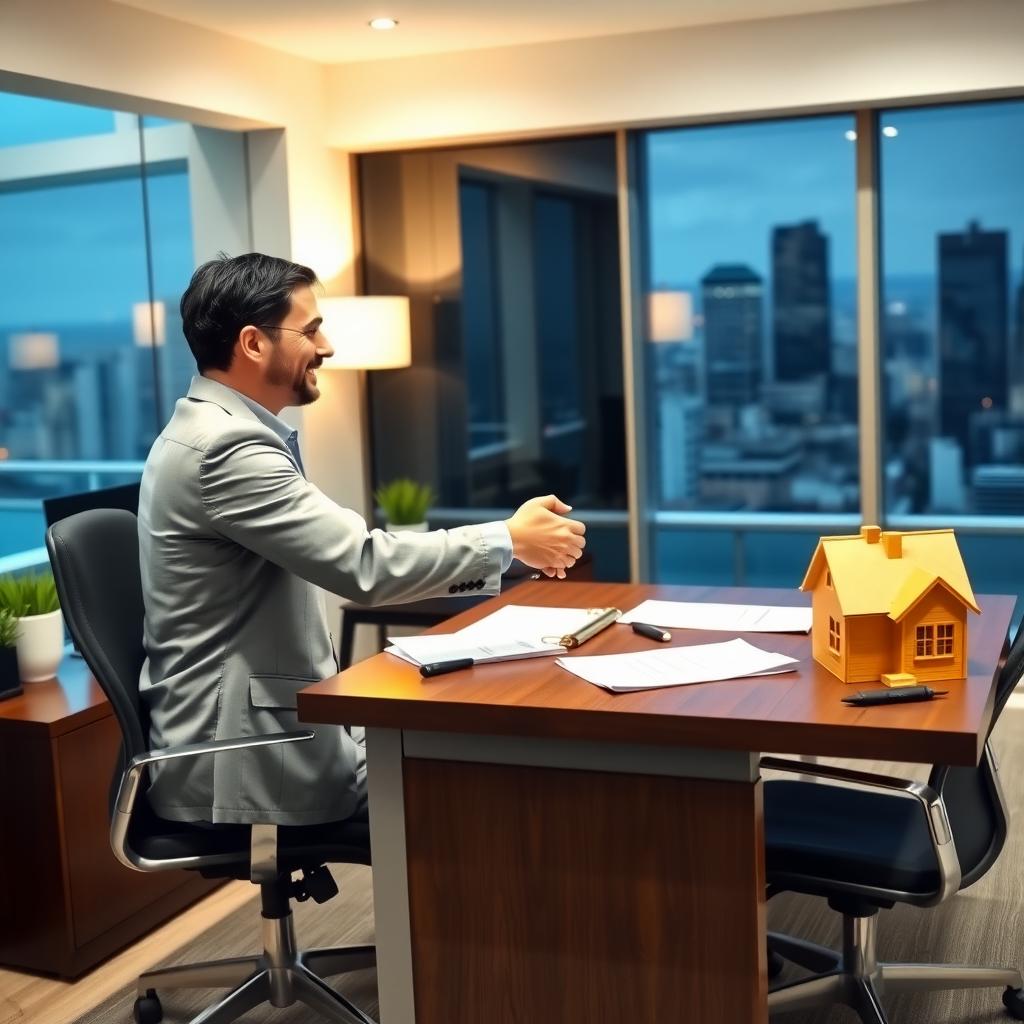 Mortgage broker shaking hands with a client in an office