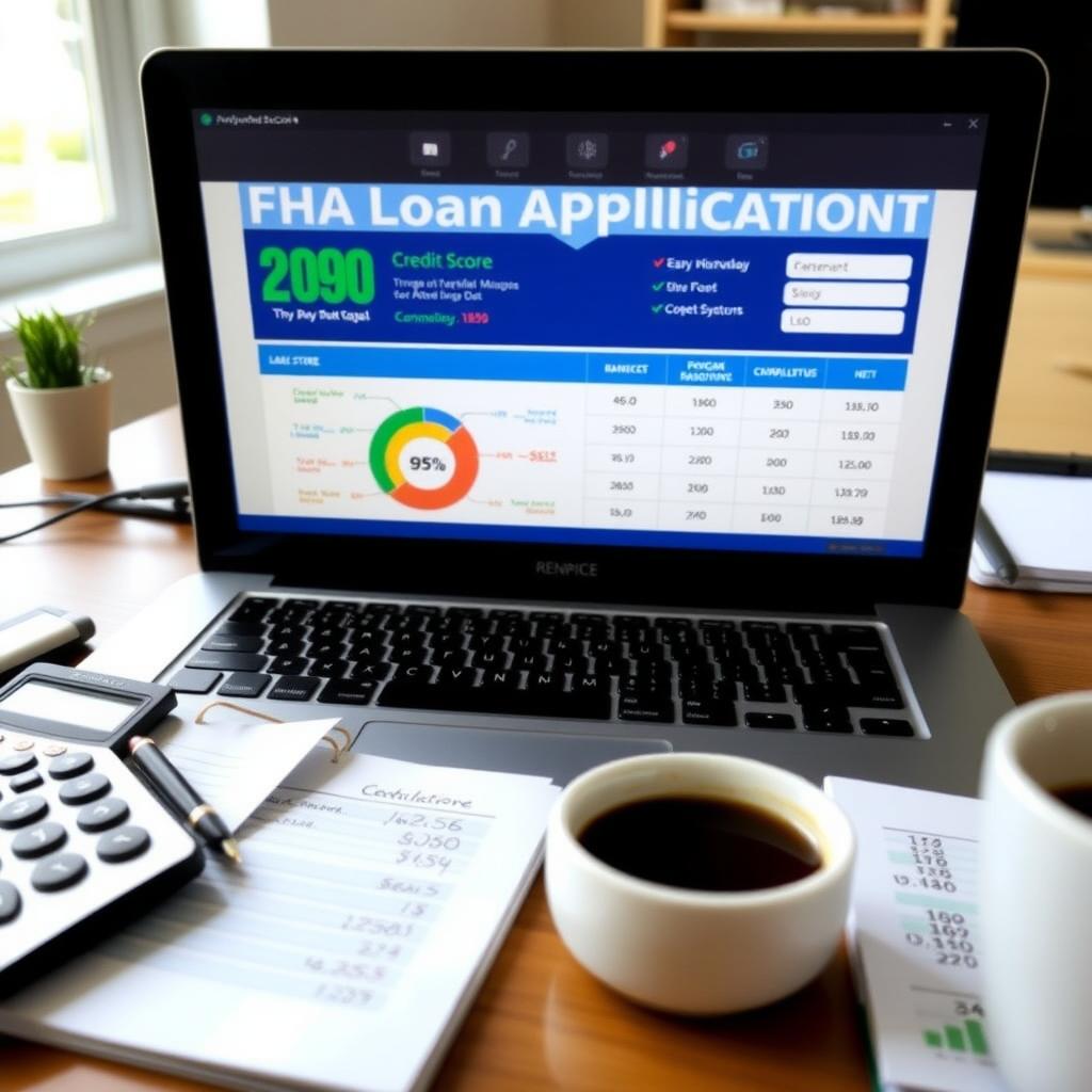 Organized desk with laptop showing credit score, calculator, and notepad, symbolizing preparation for FHA loan eligibility.