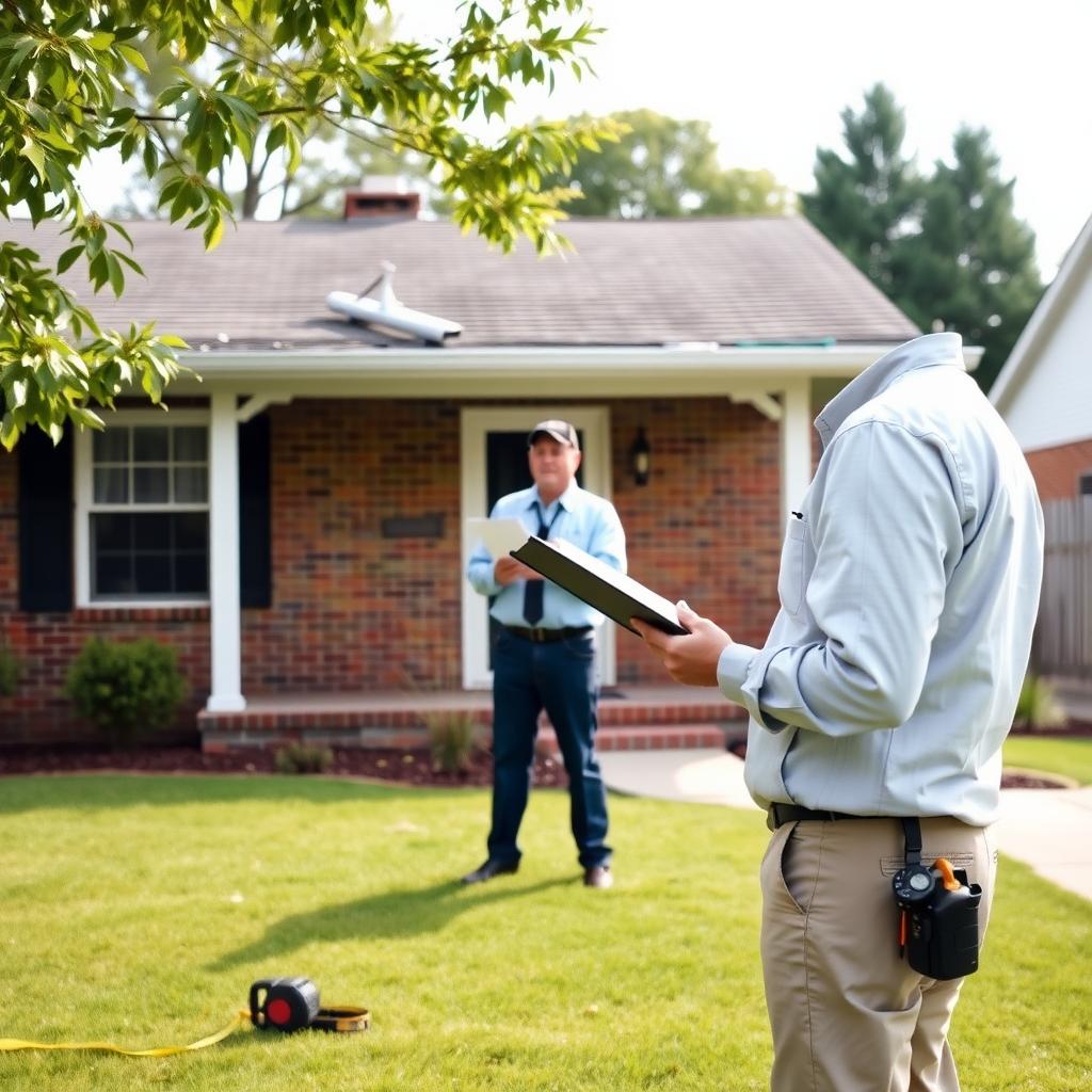 FHA appraiser inspecting the exterior of a single-story home