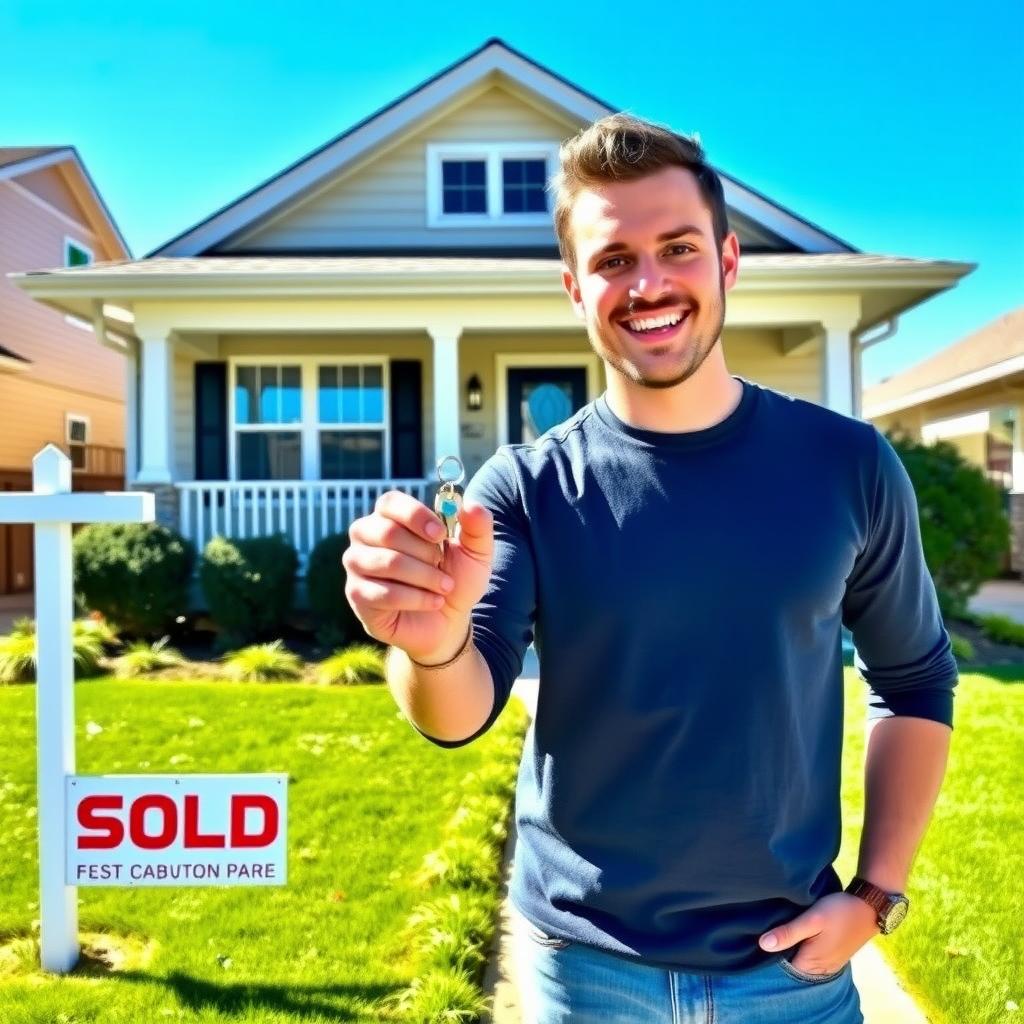 First-time homebuyer with keys in front of a new home
