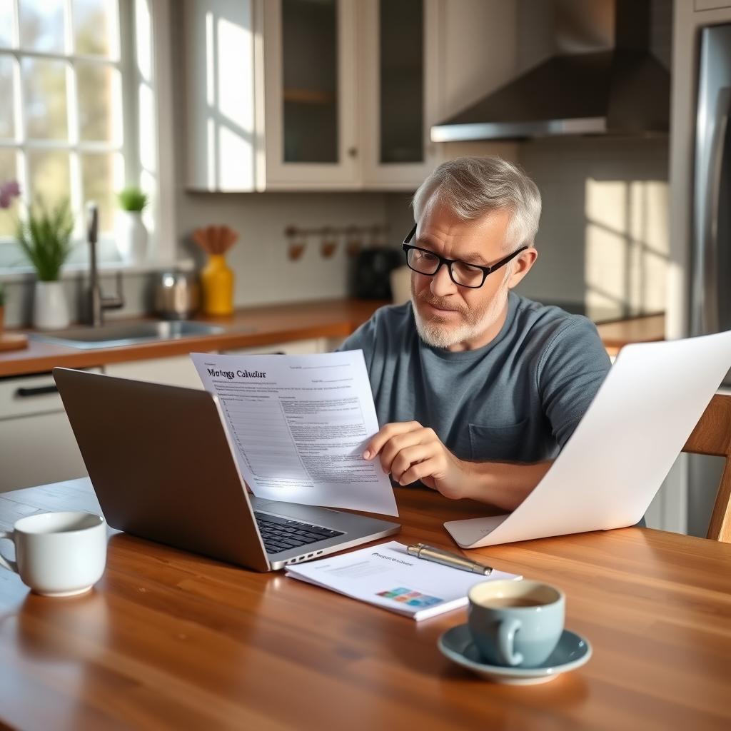 Homeowner reviewing FHA refinance documents at a kitchen table with a laptop