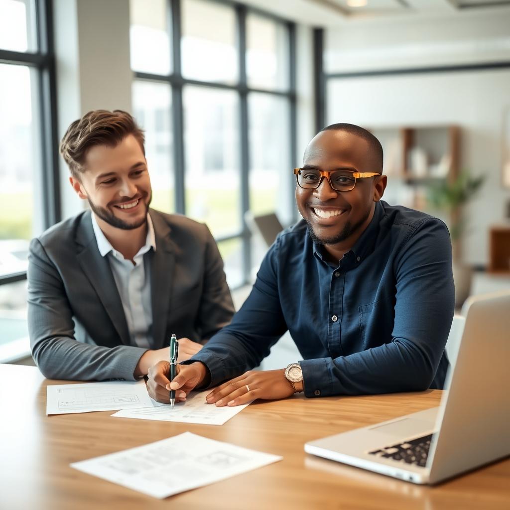 First-time home buyer signing closing documents in a real estate office.