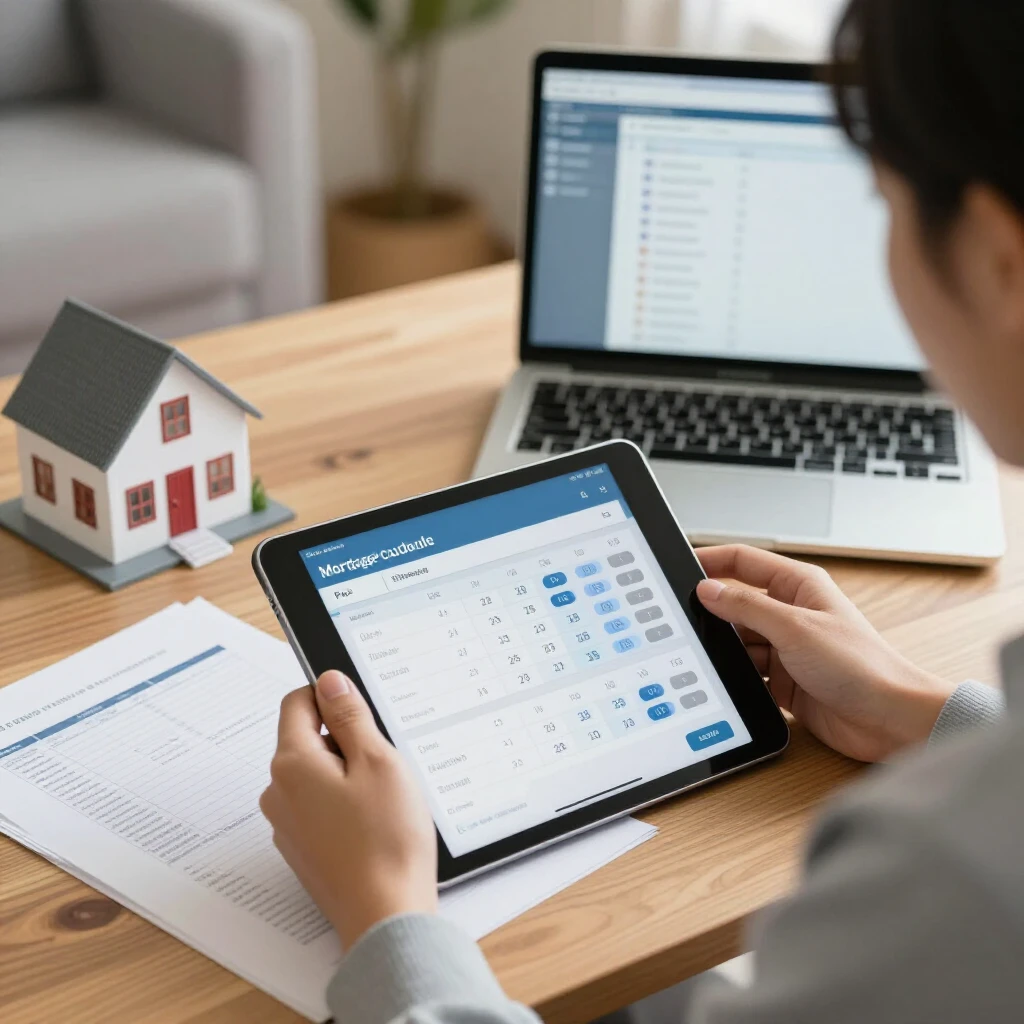 Person calculating mortgage affordability at home desk with calculator and documents