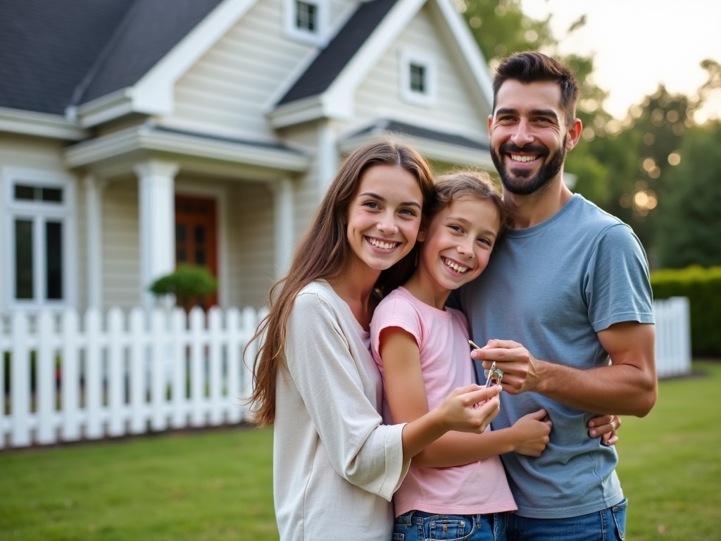 A family standing in front of their new home, smiling and holding keys.