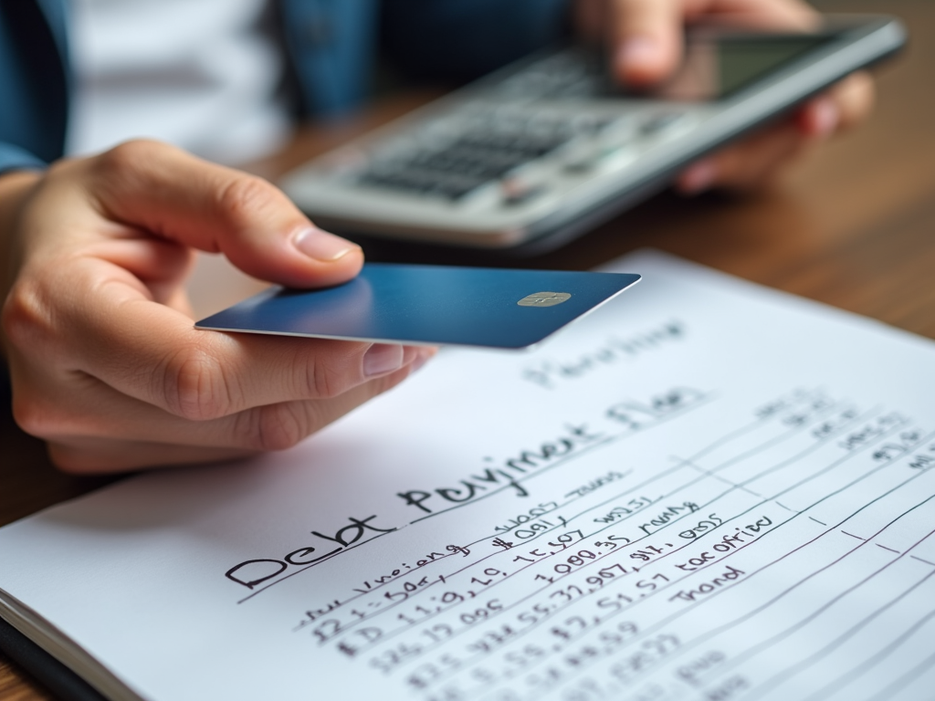 Hand with credit card and calculator planning debt repayment.