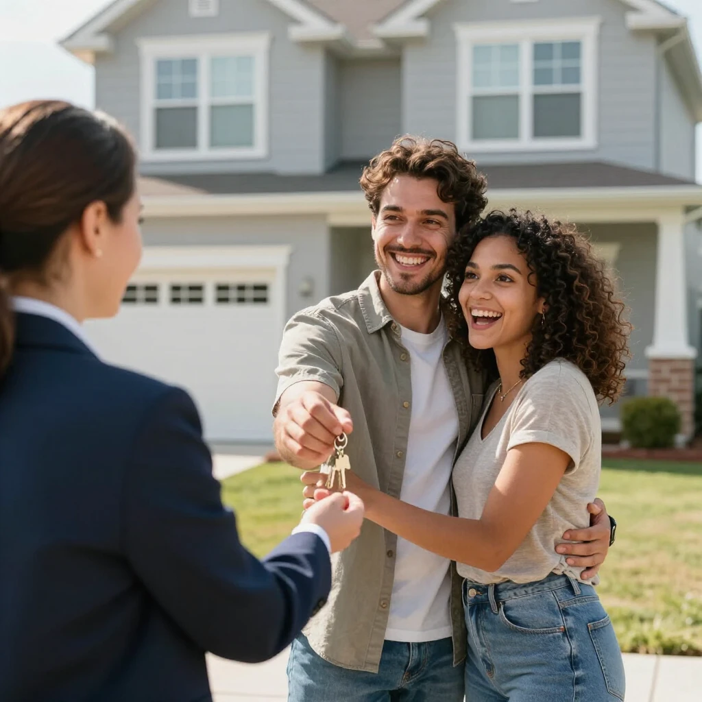 Happy young couple receiving keys to their new home from a real estate agent