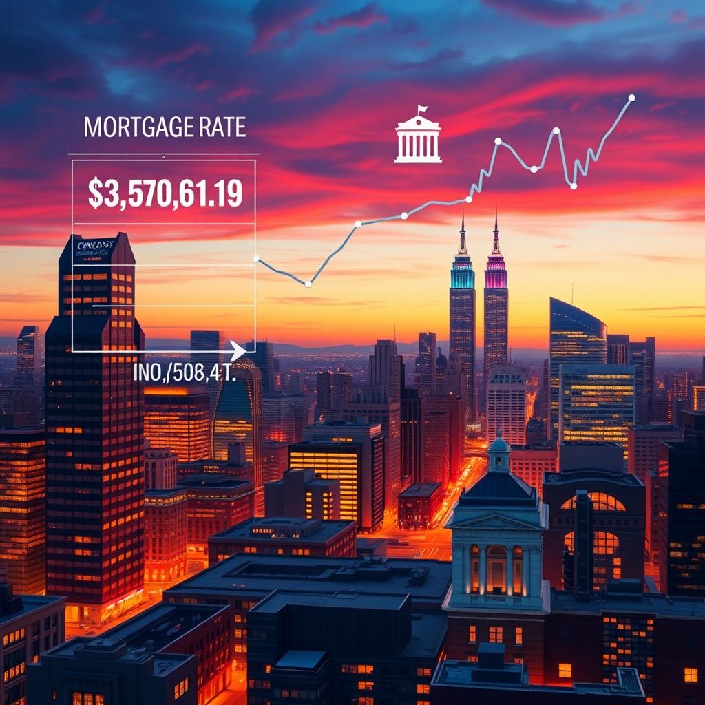 City skyline at dusk with digital mortgage rate graphs and economic indicators.
