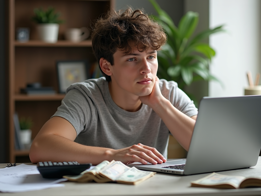 Young adult managing finances at desk