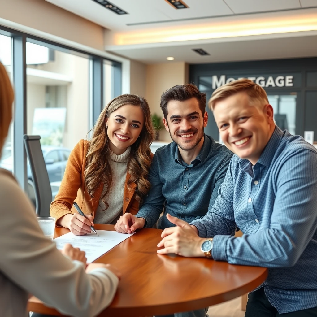 Happy couple getting mortgage approval from lender in office