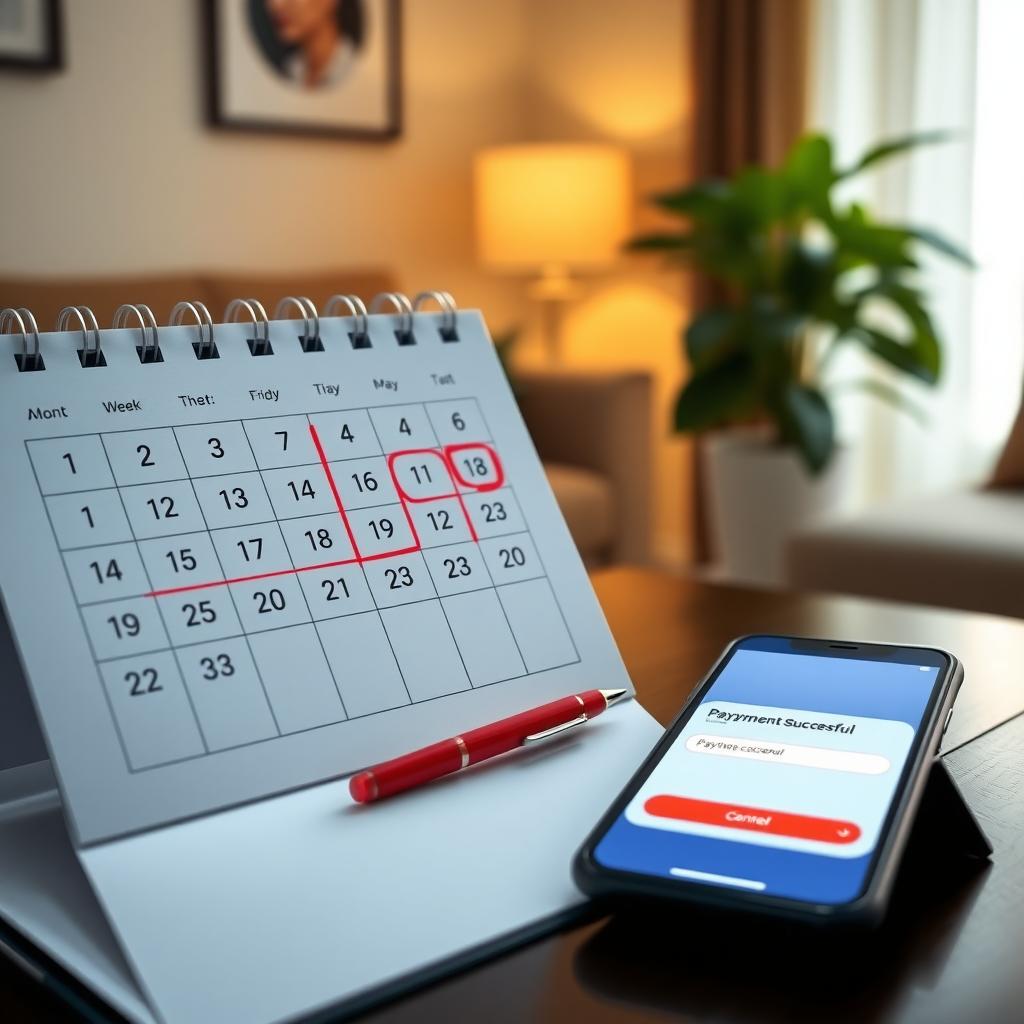 Calendar with payment due date circled and smartphone showing payment confirmation