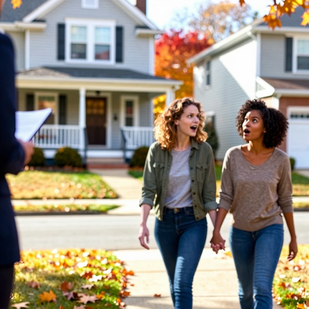 Couple house hunting with agent in suburban neighborhood