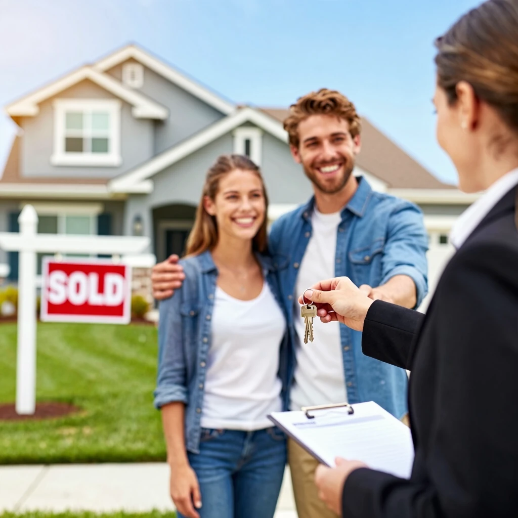 Happy young couple receiving keys to their new home from real estate agent
