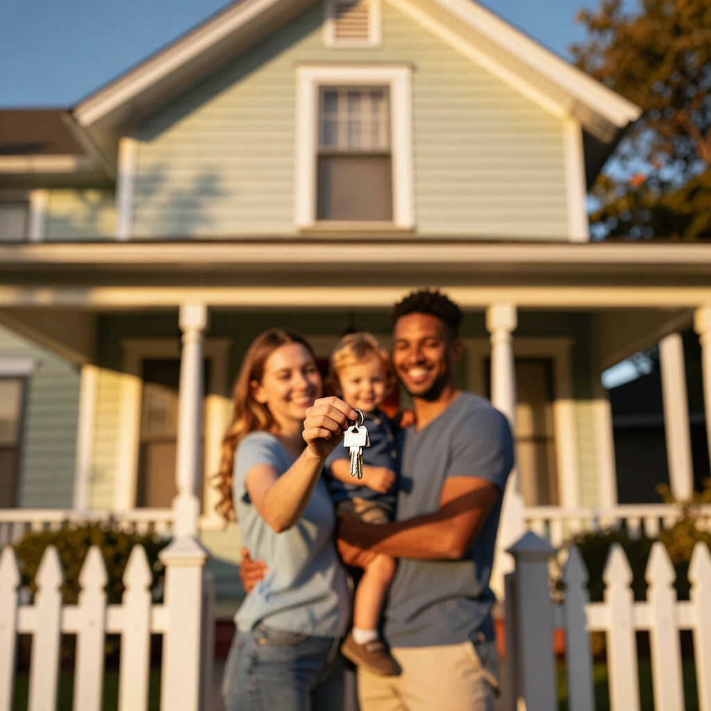 Family celebrating their first home purchase with keys in hand