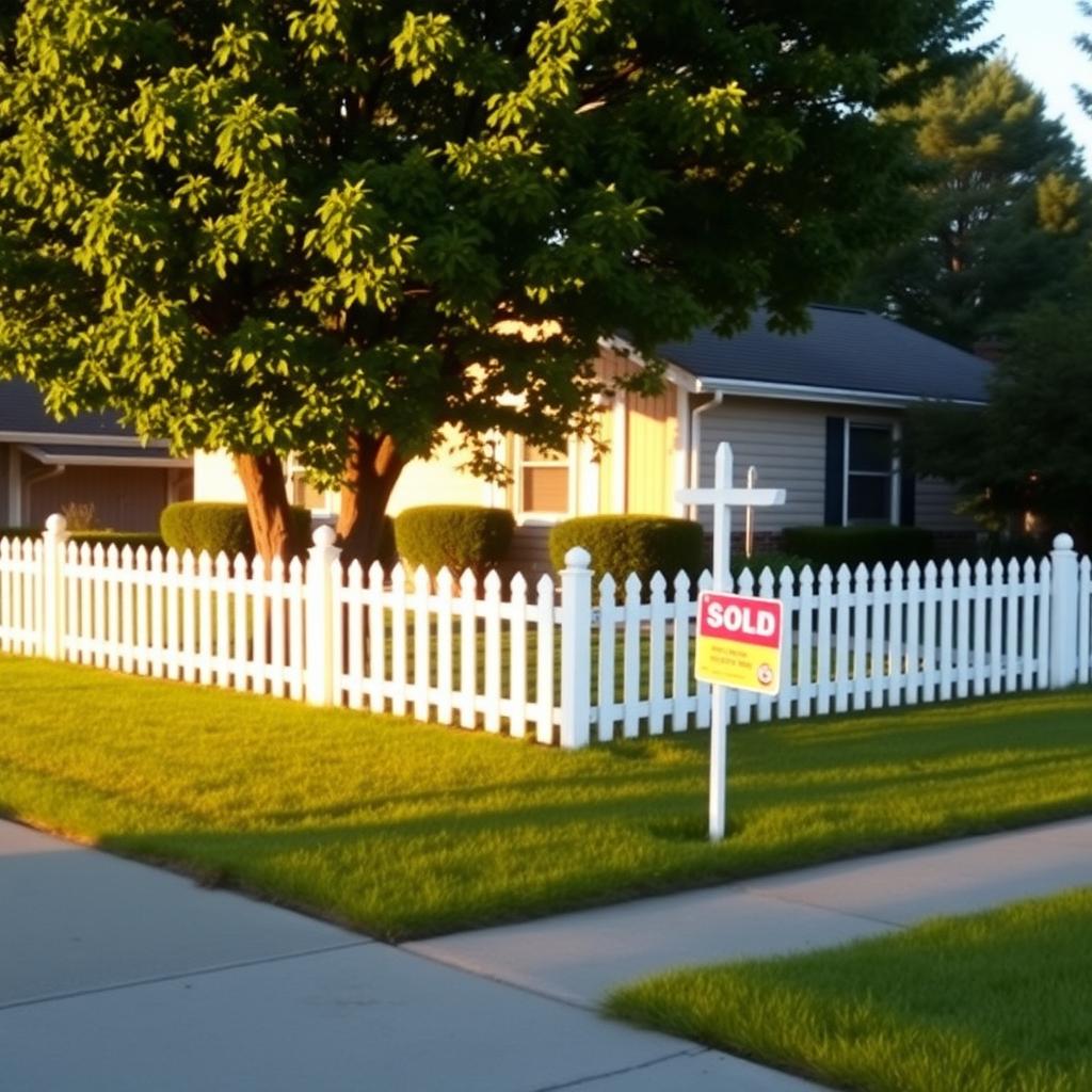 A charming suburban home with a 'Sold' sign in the front yard, bathed in warm golden-hour sunlight.