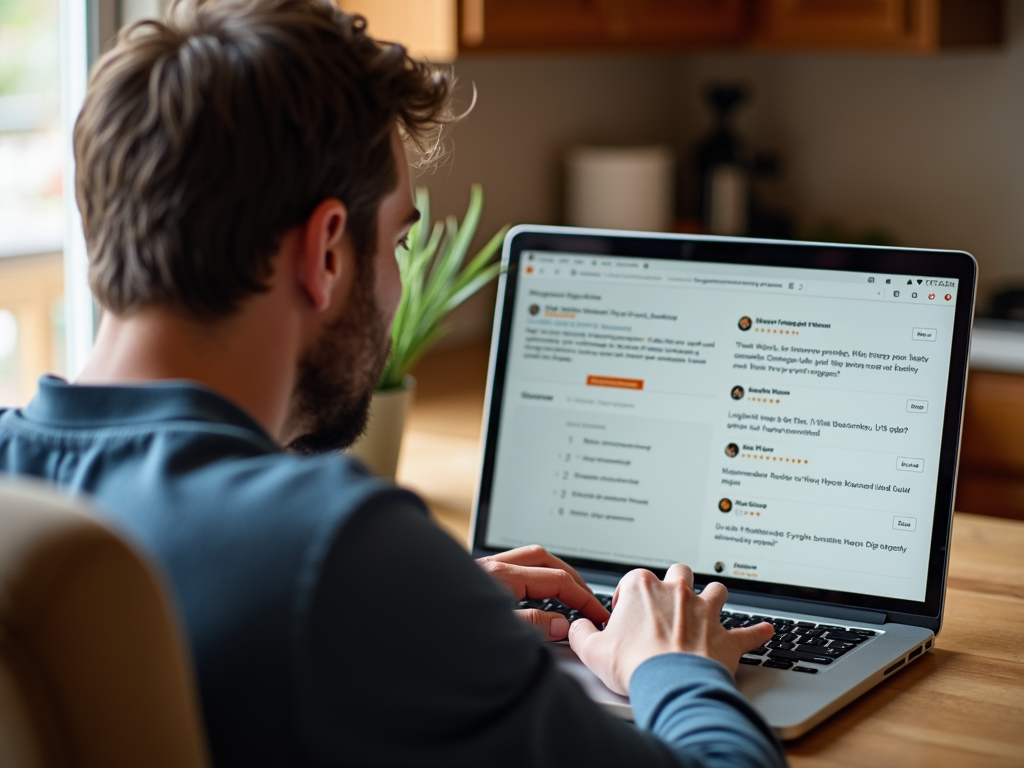 Man researching mortgage lenders on laptop