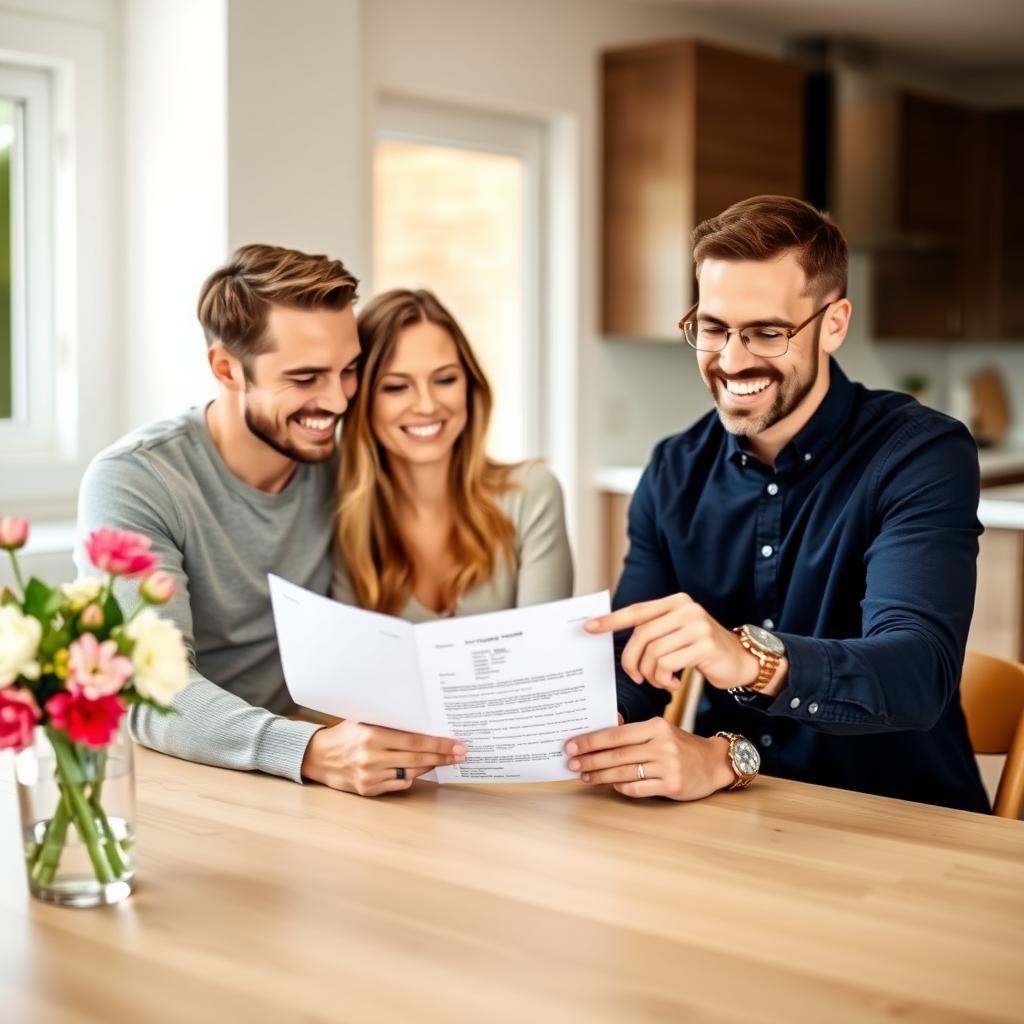 A couple and a lender reviewing a pre-approval letter at a bright kitchen table with flowers.