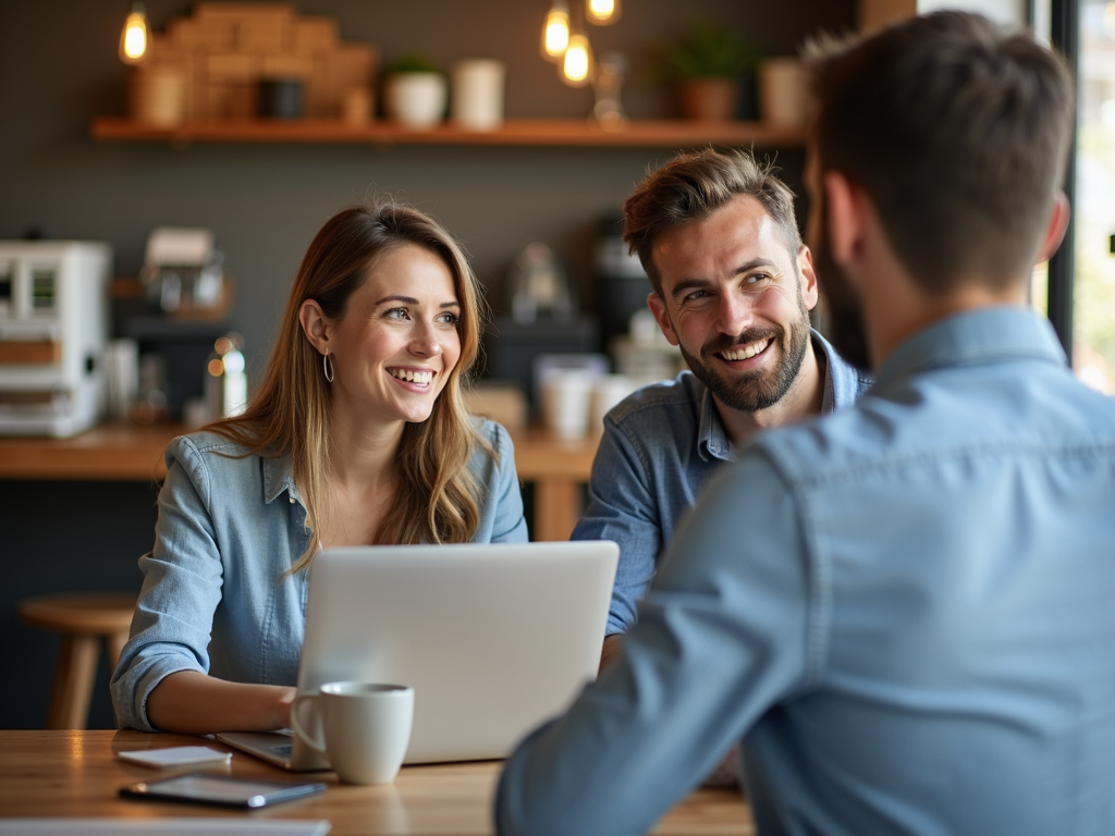 Agent meeting couple in coffee shop with laptop