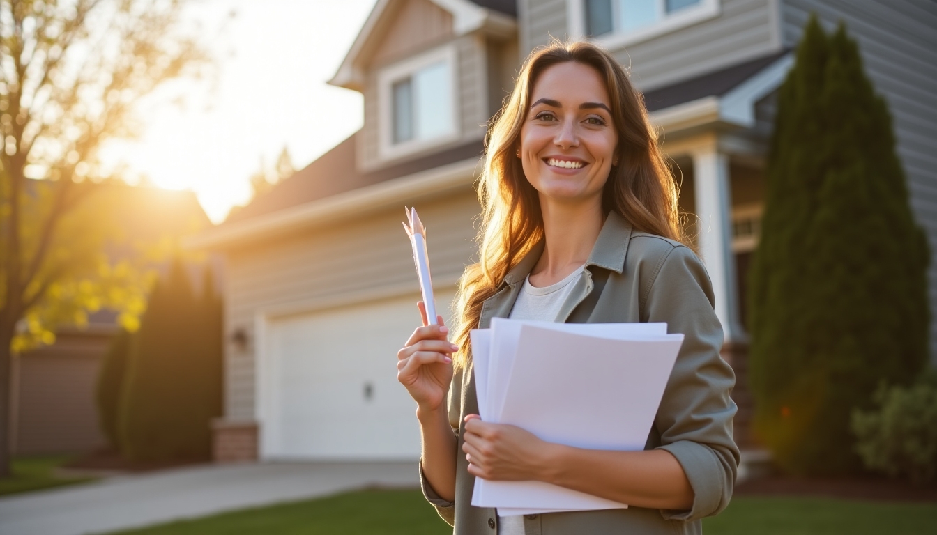 Homeowner with loan documents outside house