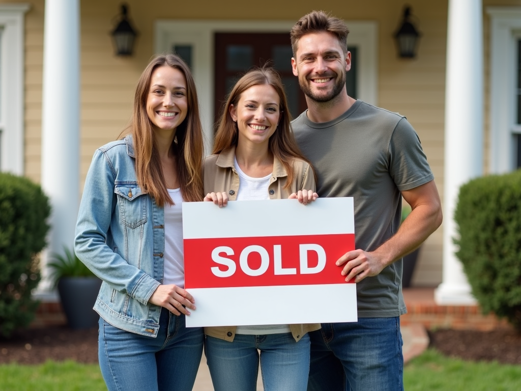 Family and agent with 'Sold' sign outside new home
