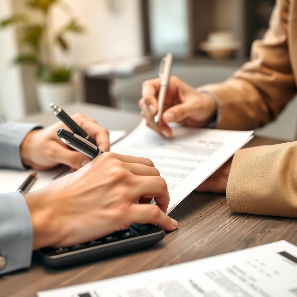Mortgage broker signing documents with a client in a modern office.