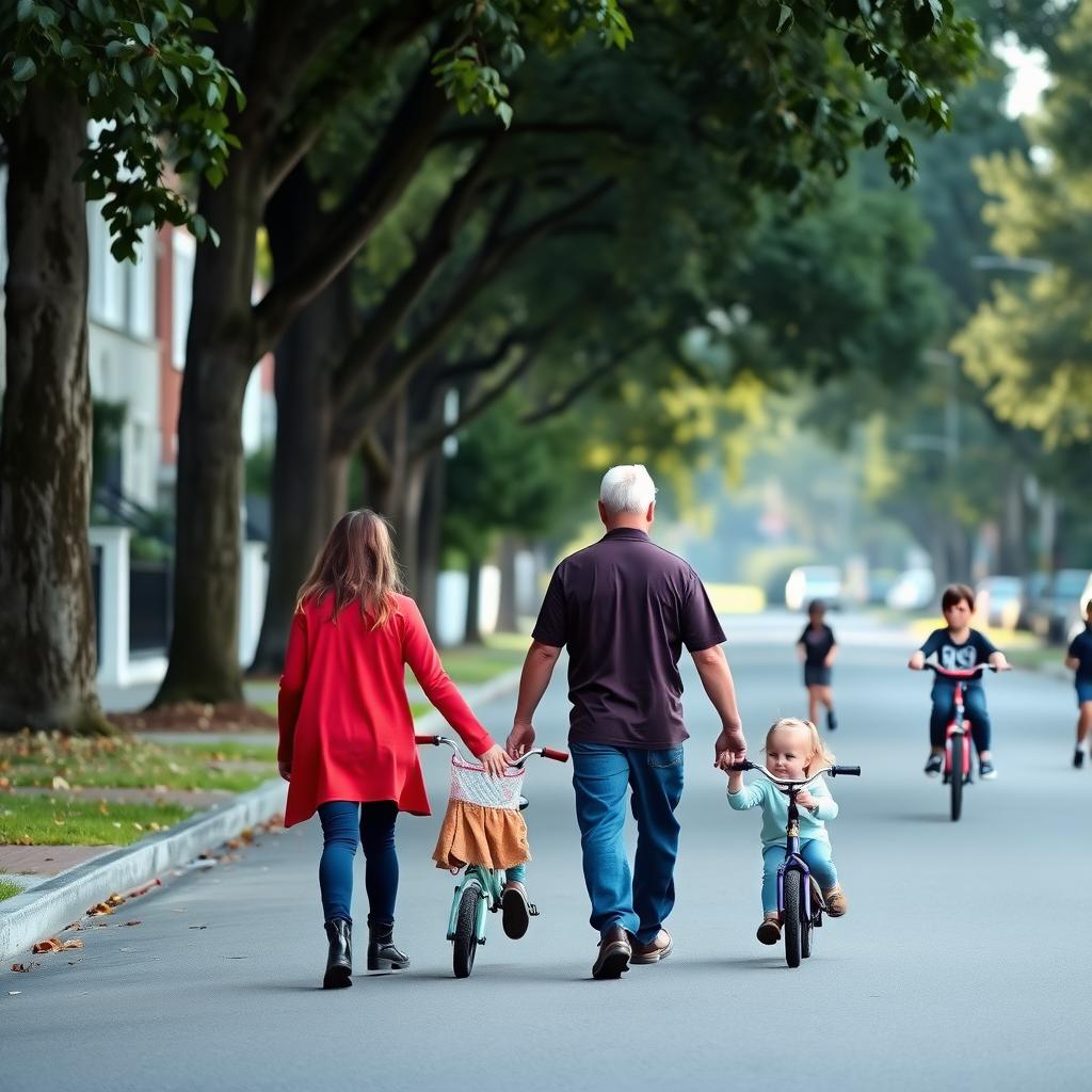 A family walking in a peaceful, family-friendly neighborhood.