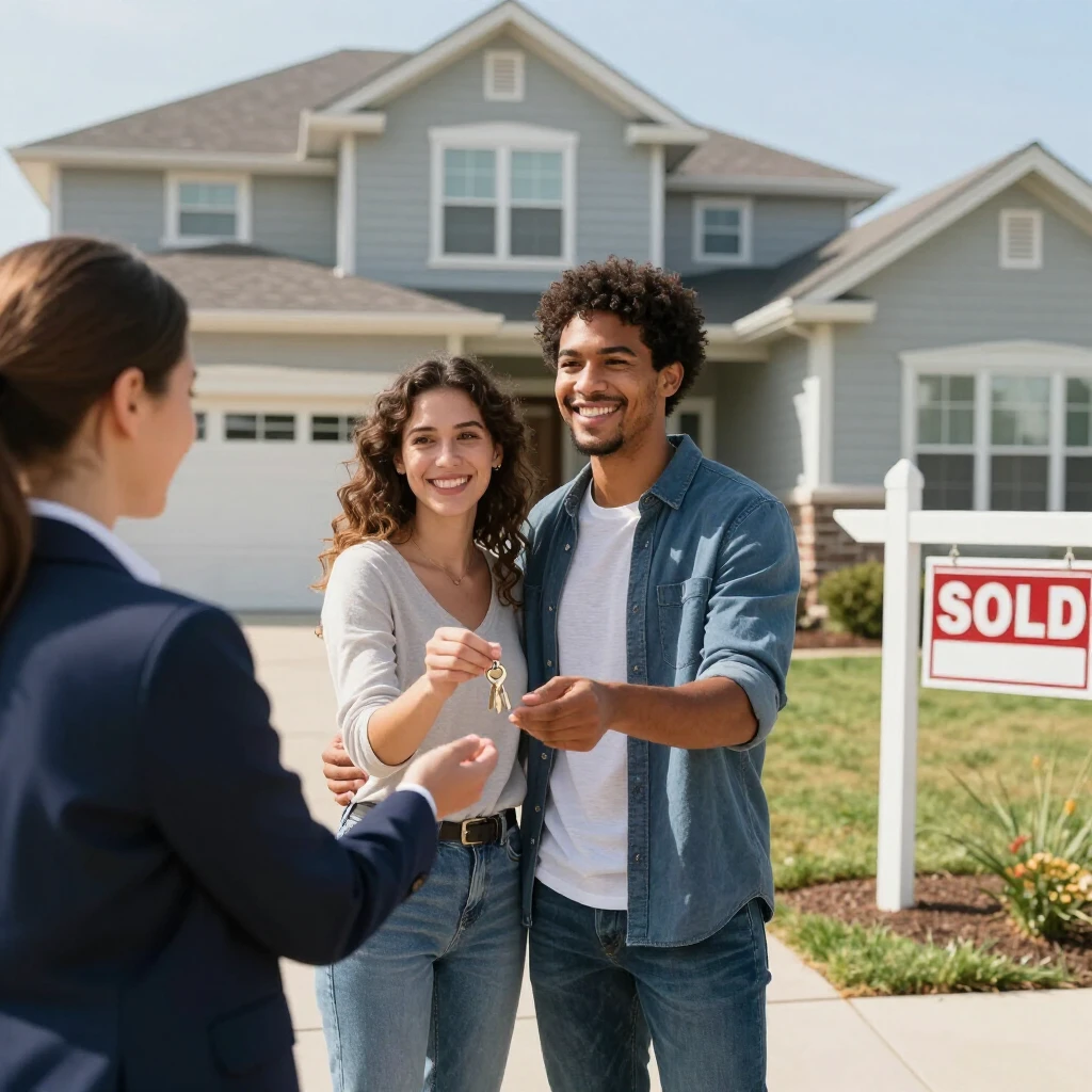 Happy young couple receiving keys to their new home