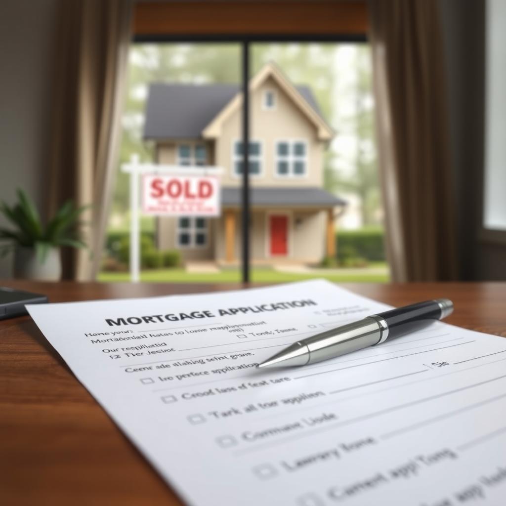 Mortgage application form on a desk with a family home and 'Sold' sign visible through a window.