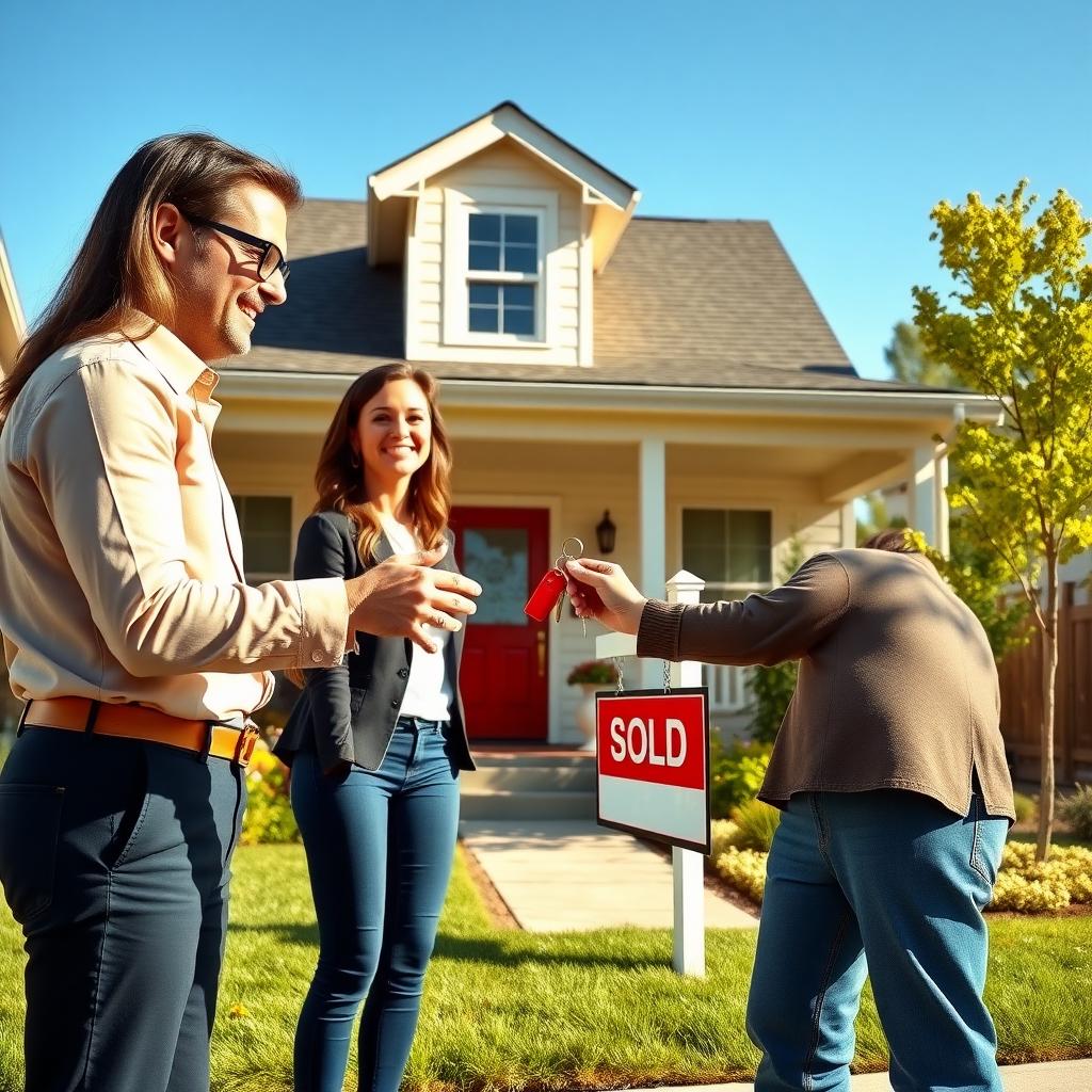 Real estate agent handing keys to a first-time homebuyer