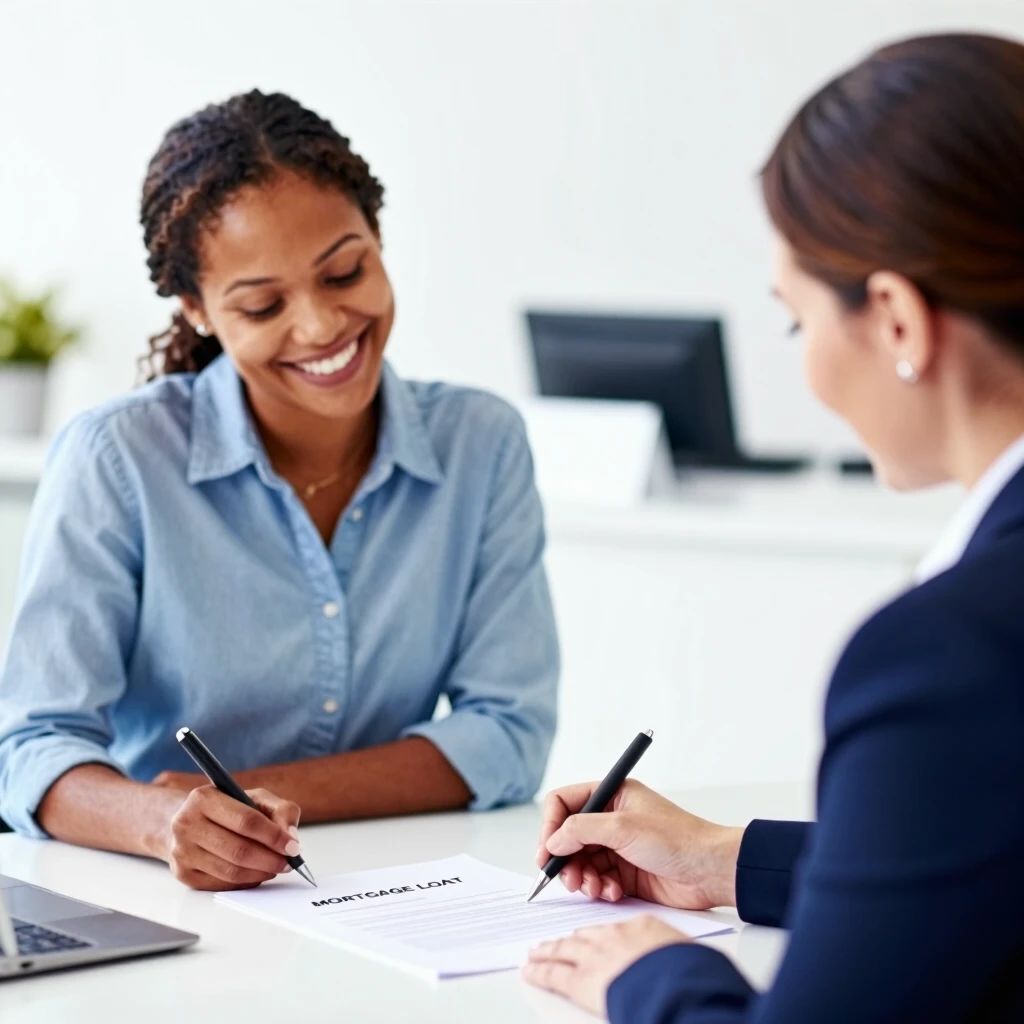 Happy diverse couple signing FHA mortgage loan documents with a loan officer