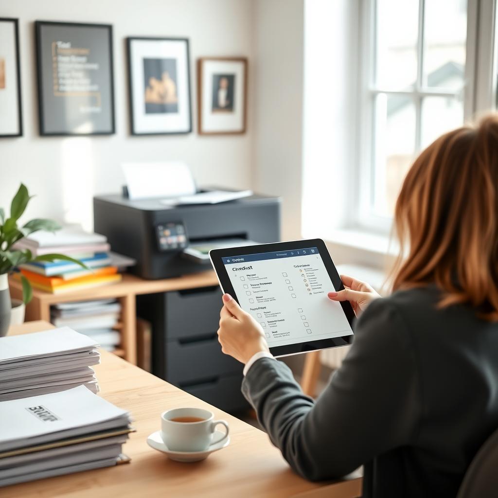 Person reviewing mortgage checklist on tablet in home office