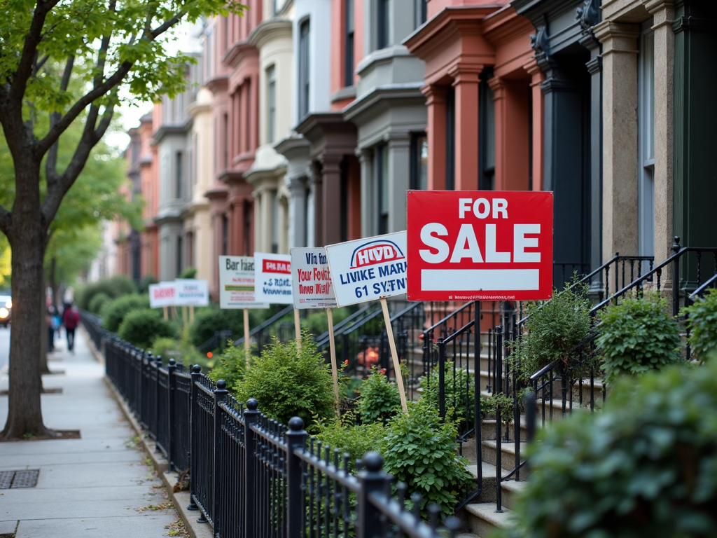 Urban townhouses with ‘For Sale’ signs on a city street