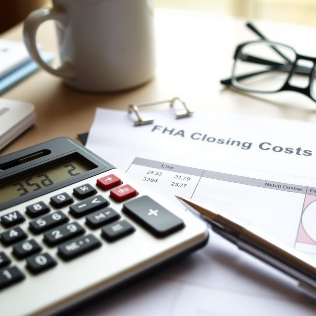 Desk with FHA loan closing costs document and calculator