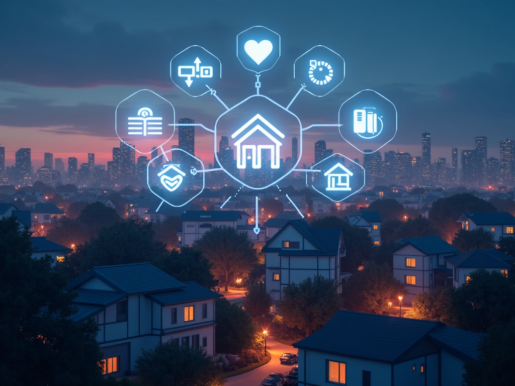 A cityscape with digital icons highlighting the future of real estate tech.