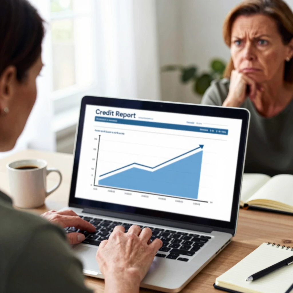 Woman actively improving her credit score on laptop