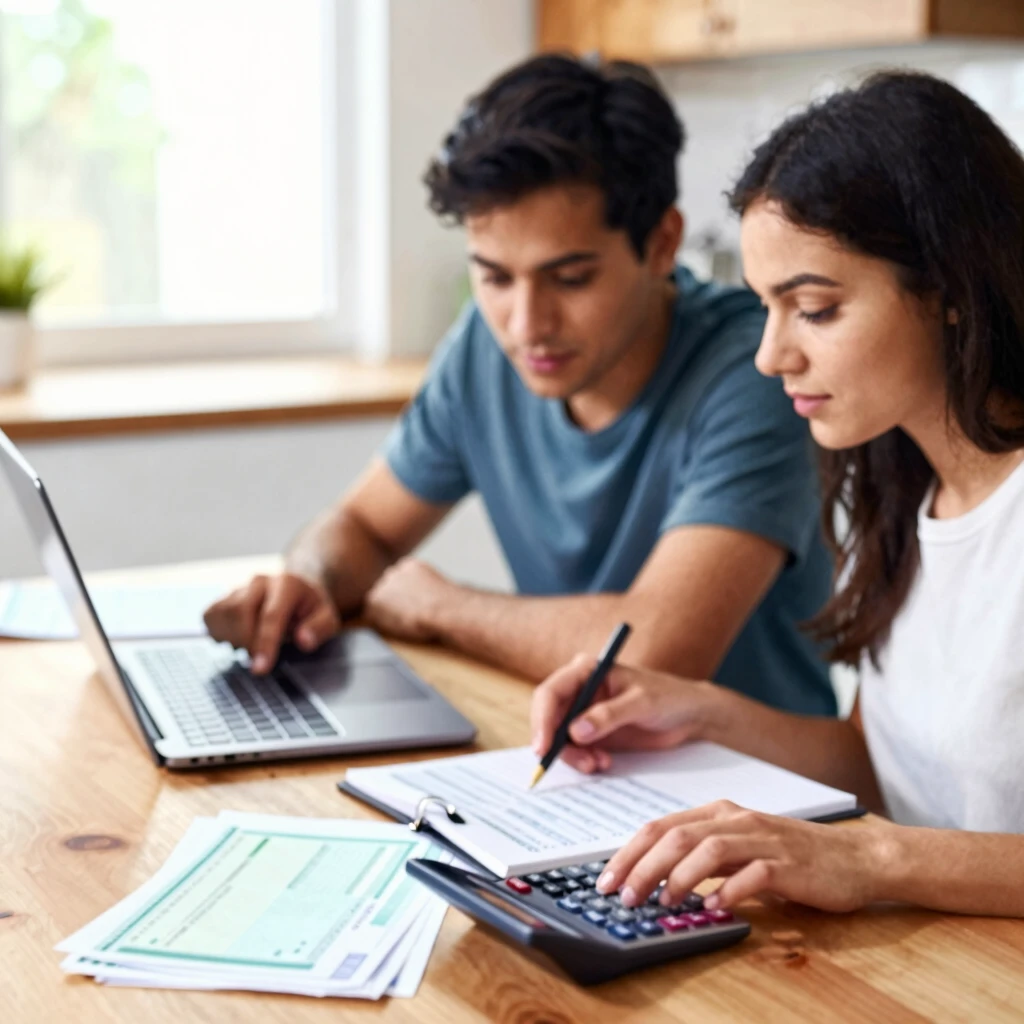Couple calculating their debt-to-income ratio at home