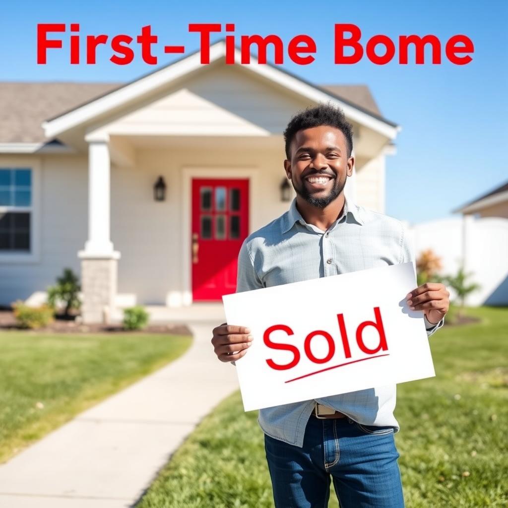 First-time homebuyer smiling in front of a new home with a 'Sold' sign