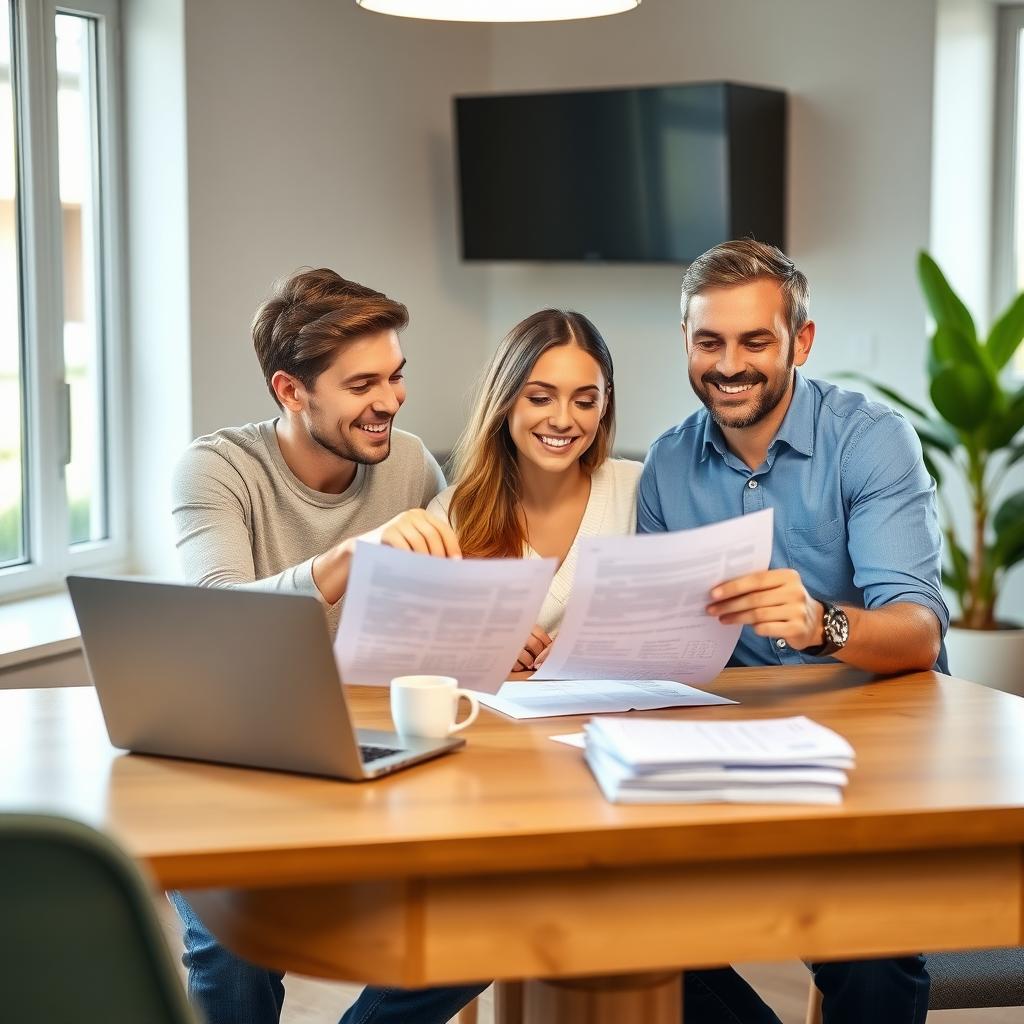 Young couple discussing mortgage options with a lender at a table with documents and a laptop