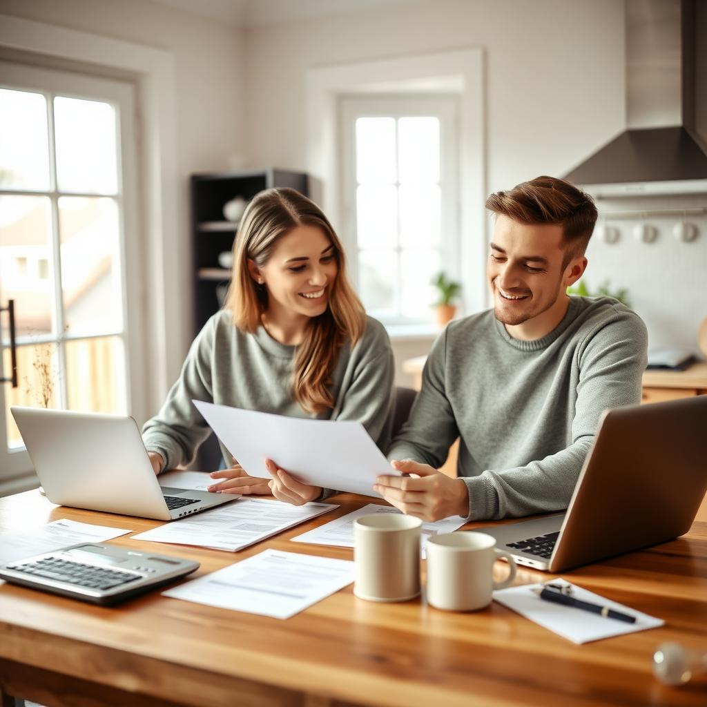 Young couple reviewing mortgage documents at a kitchen table in a modern home