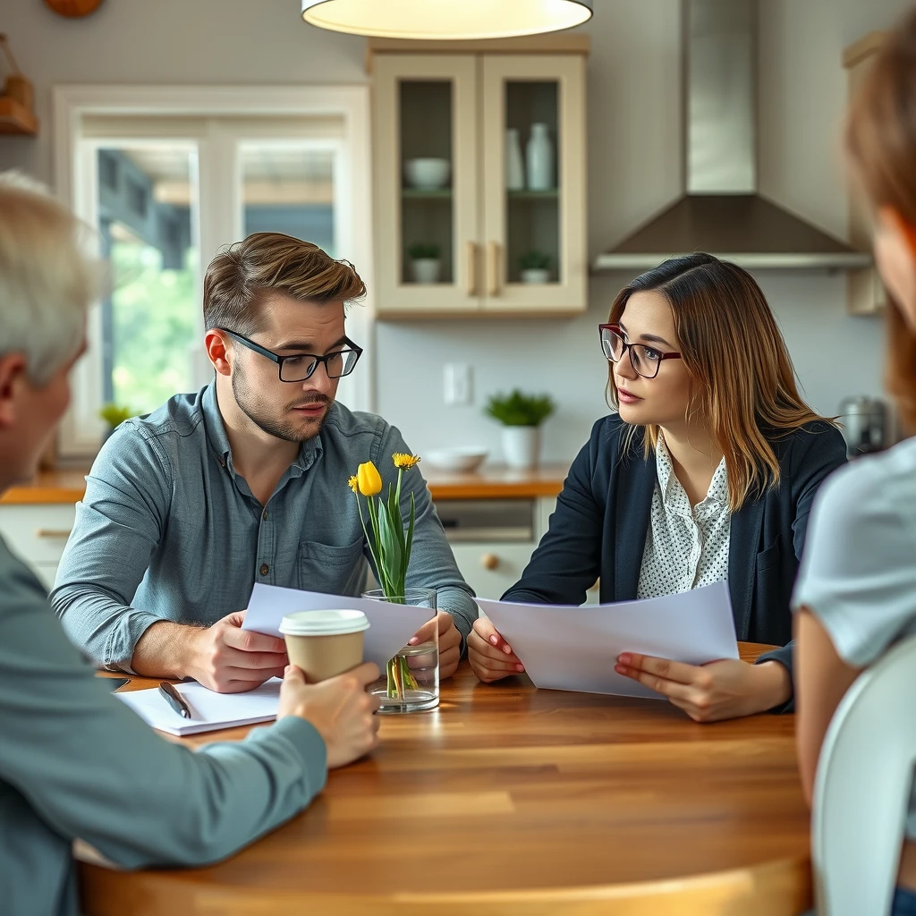 Young couple discussing mortgage options with a lender at kitchen table