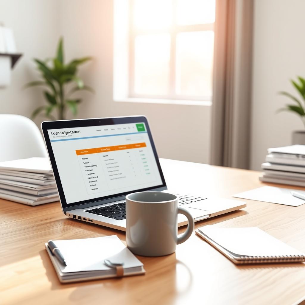 Modern mortgage broker’s desk with laptop, documents, and coffee mug in a bright office