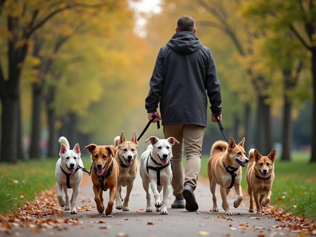 A person walking dogs in a park.